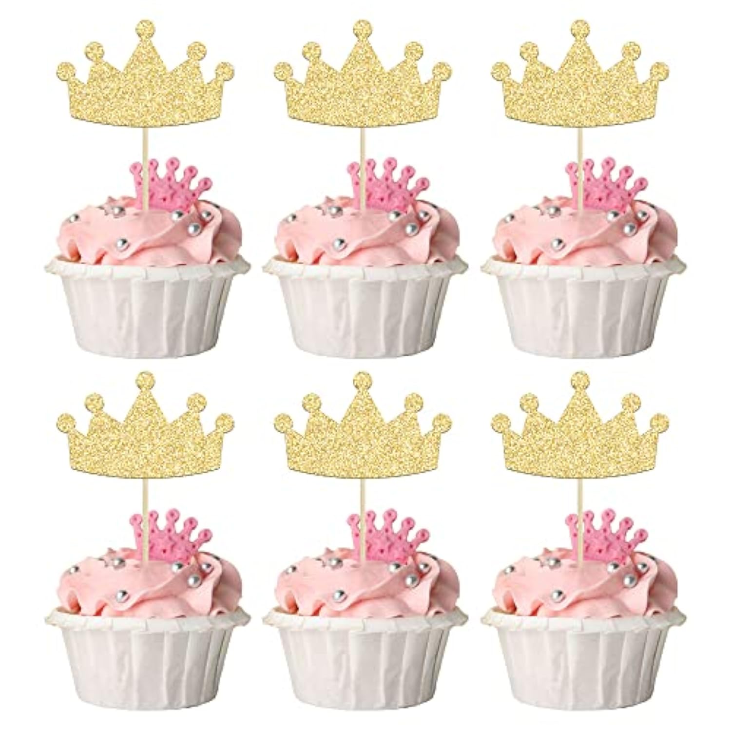 24Pcs Gold Crown Cupcake Toppers – Glitter Picks for Princess, Baby Shower & Birthday Decor