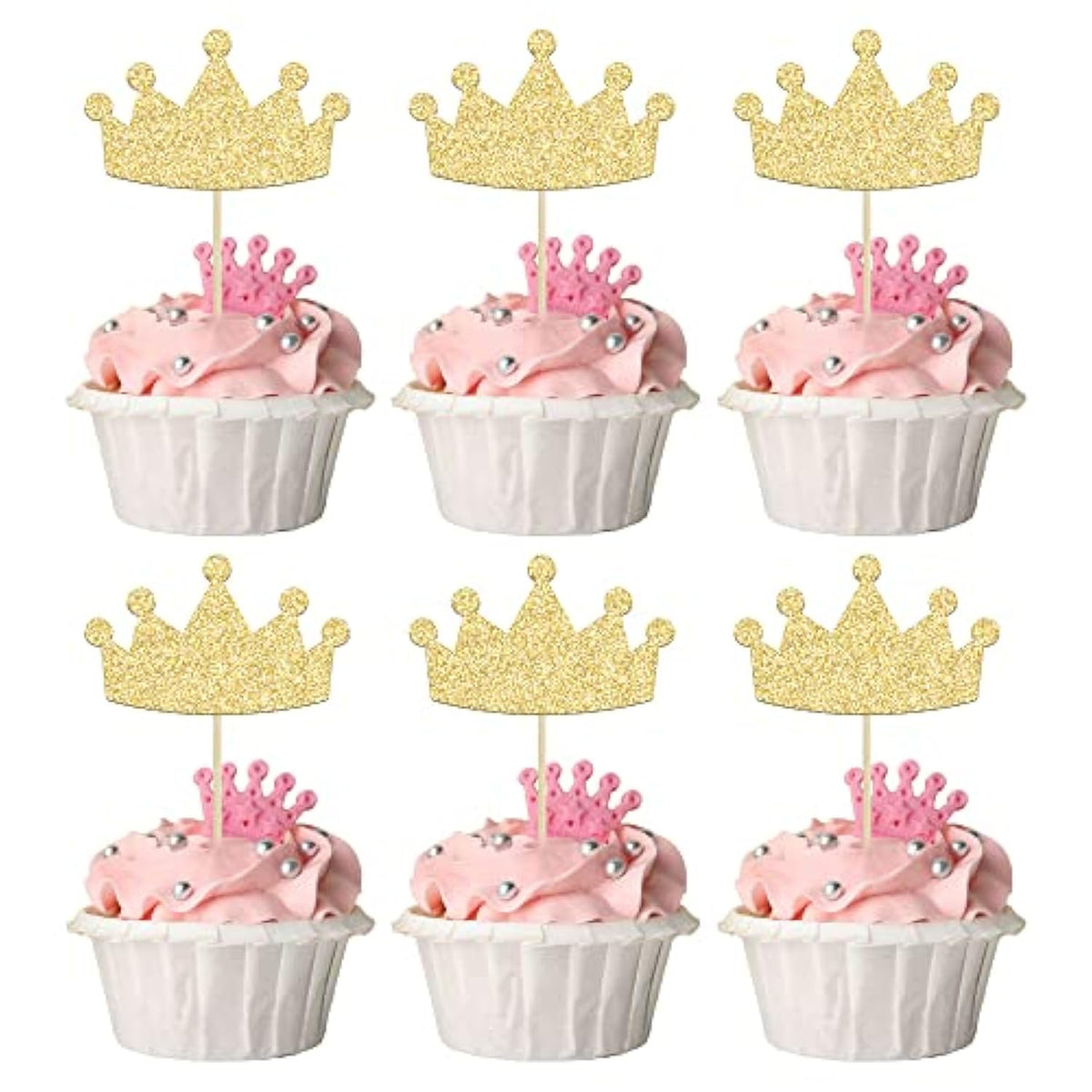 24Pcs Gold Crown Cupcake Toppers – Glitter Picks for Princess, Baby Shower & Birthday Decor