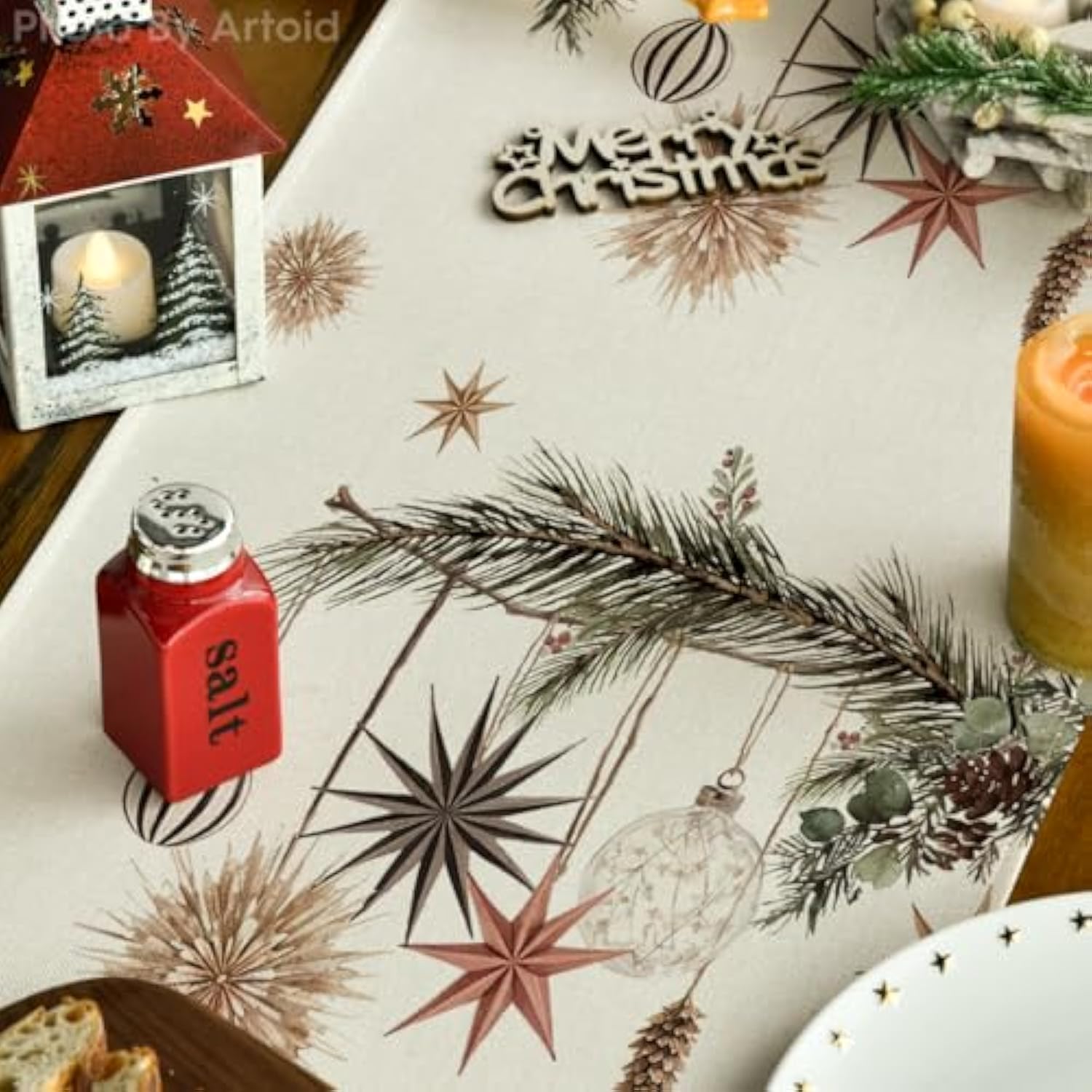 Xmas Trees Holly Pine Cone Merry Christmas Table Runner, Seasonal Winter Kitchen Dining Table Decoration For Home Party Decor 13X60 Inch