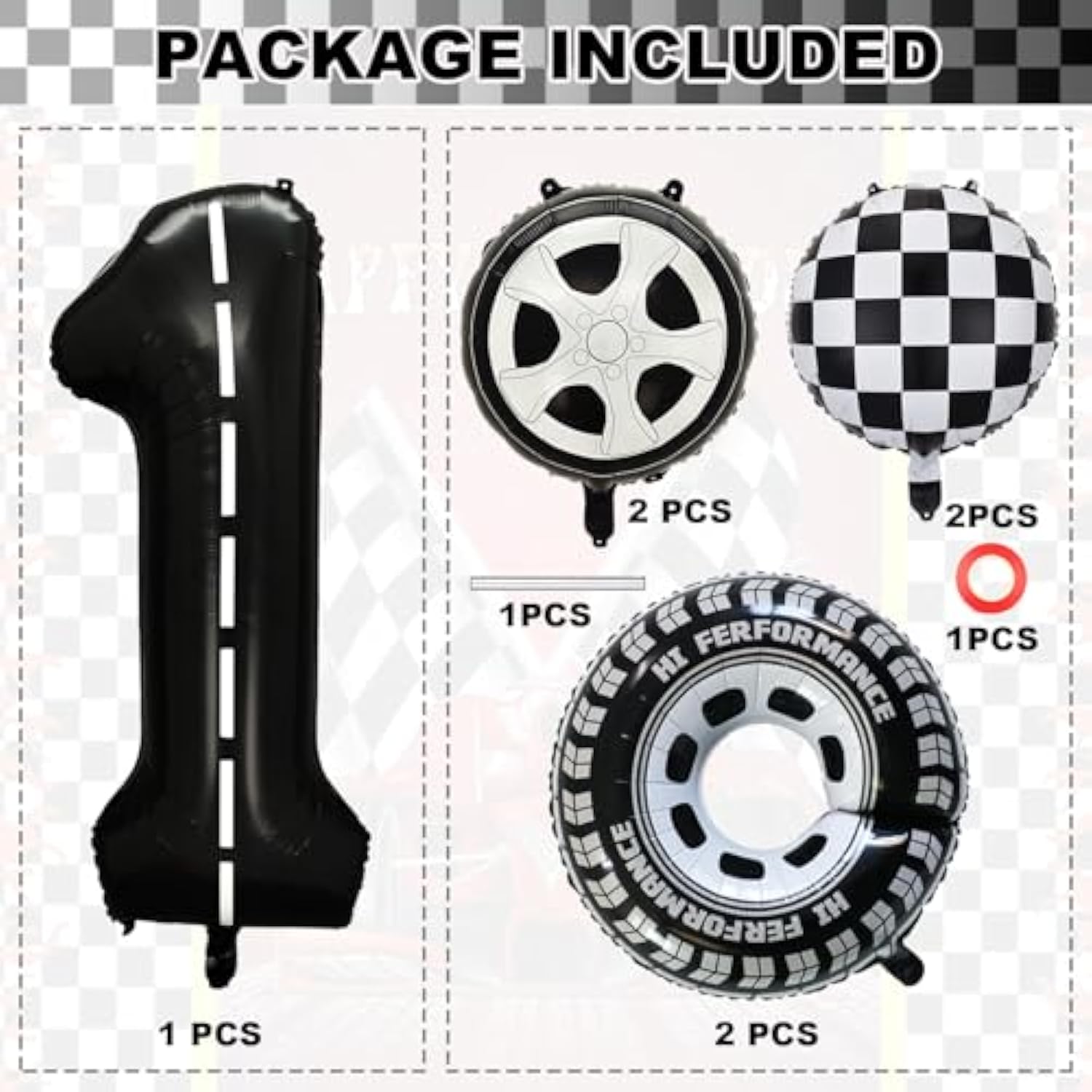 7-pc race car 1st birthday set with 40" black racetrack number 1 foil balloon