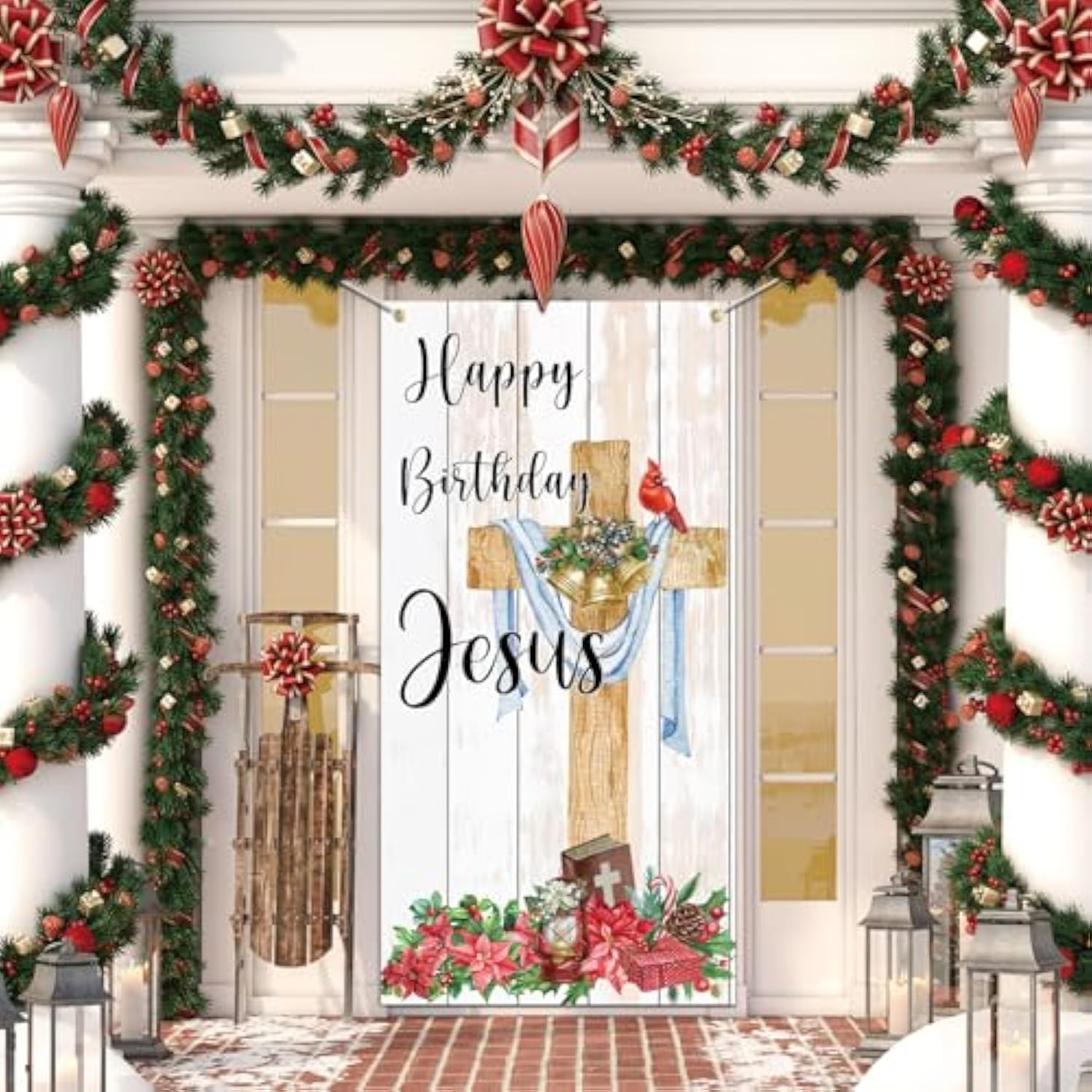 Religious Jesus Christmas Door Banner, Happy Birthday Jesus Welcome Door Cover, Christian Jesus Nativity Cross Winter Holiday Porch Sign Door Decor Backdrop Banner 70.9 X 35.4 Inches