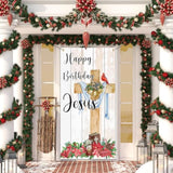 Religious Jesus Christmas Door Banner, Happy Birthday Jesus Welcome Door Cover, Christian Jesus Nativity Cross Winter Holiday Porch Sign Door Decor Backdrop Banner 70.9 X 35.4 Inches