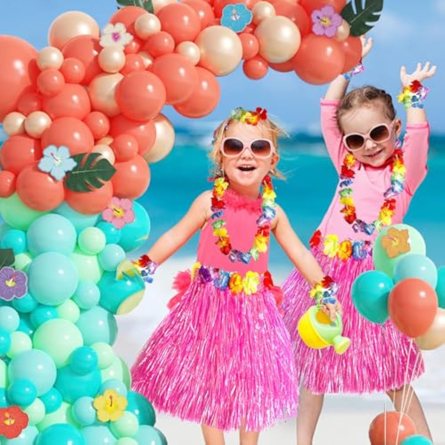 137Pcs Moana Birthday Party Supplies, Aqua Blue Coral Pearl Champagne Gold Latex Balloons With Summer Hibiscus Stickers For Tropical Hawaii Luau Tiki Magic Theme Party Supplies