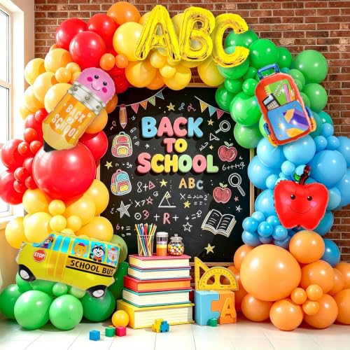 Back to School Balloon Garland Arch Kit,153Pcs Rainbow Balloons with Pencil Apple School Bus Foil Balloons for First Day of School Preschool Kindergarten Party Decorations