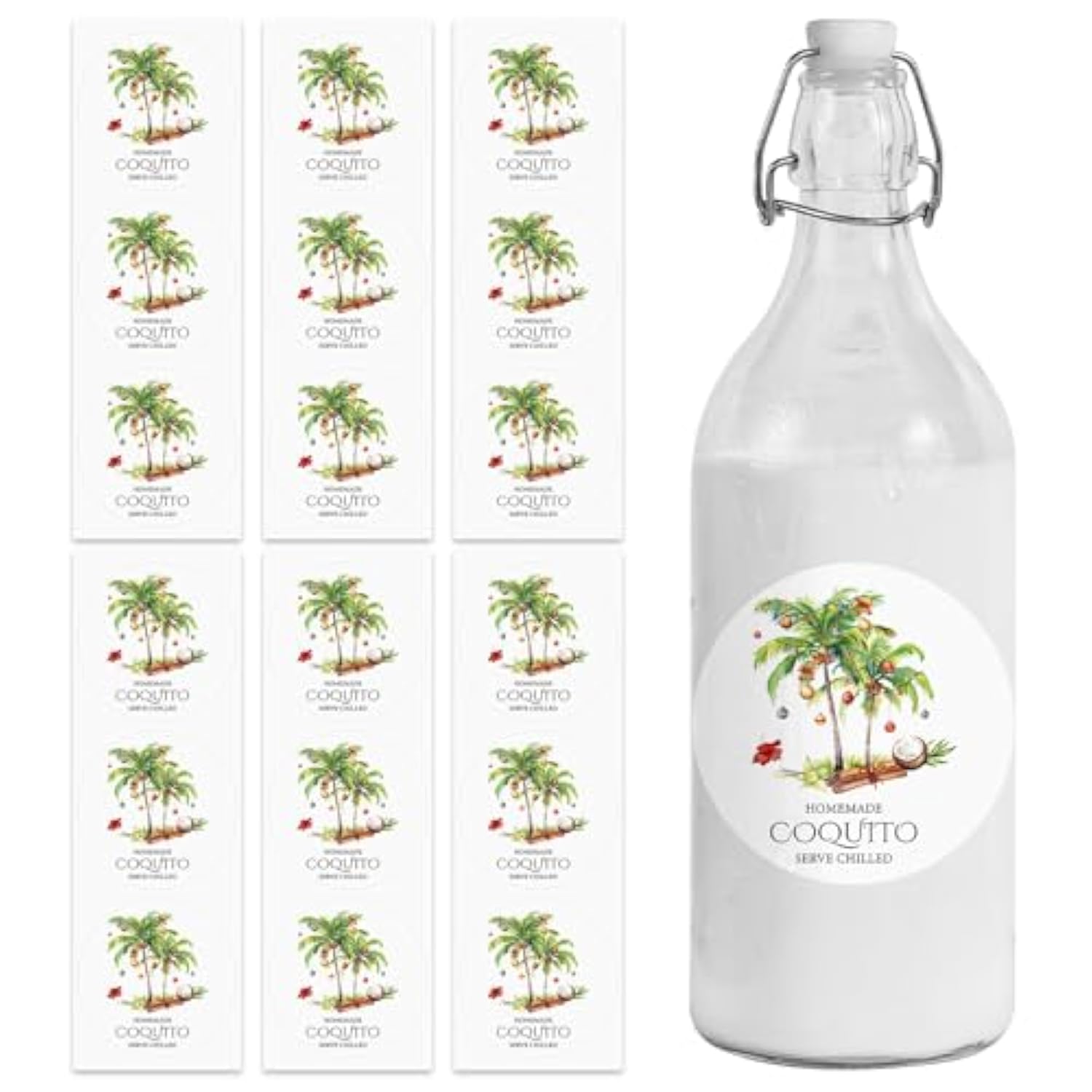 100 Pcs Coquito Labels For Bottles 2.3" Coquito Bottle Sticker Labels With Graphic Of Coconut Palm Tree For Home Holiday Christmas New Year Party Supply(Round)