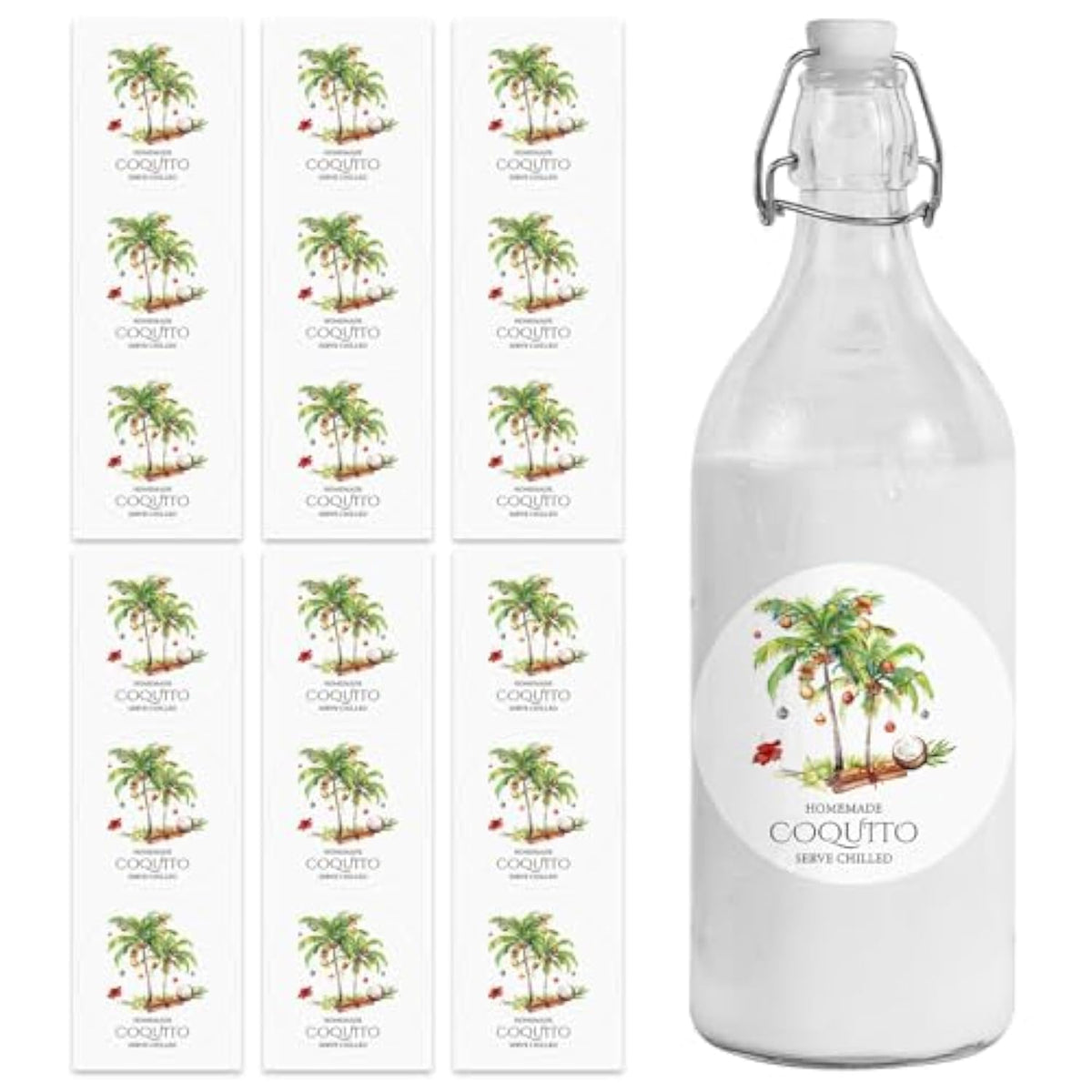 100 Pcs Coquito Labels For Bottles 2.3" Coquito Bottle Sticker Labels With Graphic Of Coconut Palm Tree For Home Holiday Christmas New Year Party Supply(Round)