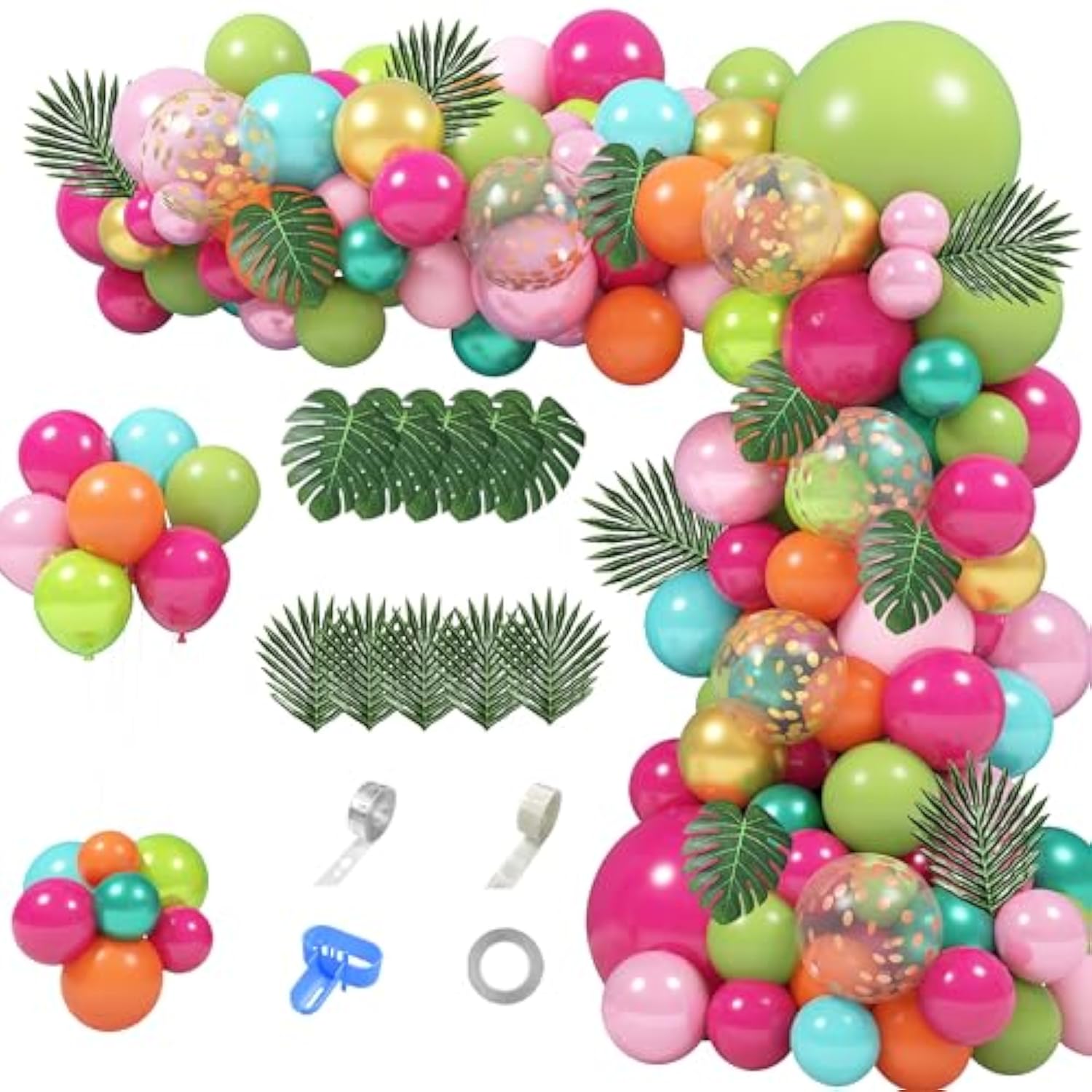 158Pcs Tropical Balloon Arch Garland Kit, Hawaiian Luau Aloha Flamingo Party Decorations Olive Green Hot Pink Orange Rose Gold Confetti Balloons Palm Leaves Birthday Baby Shower Summer Beach Supplies