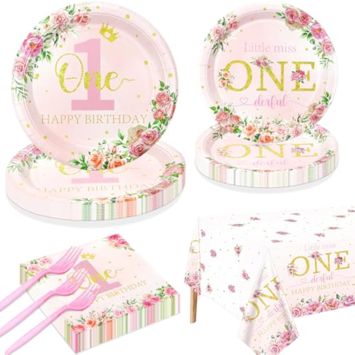 81pcs Floral 1st Birthday Set for 20 Guests with Plates, Napkins & Tableware