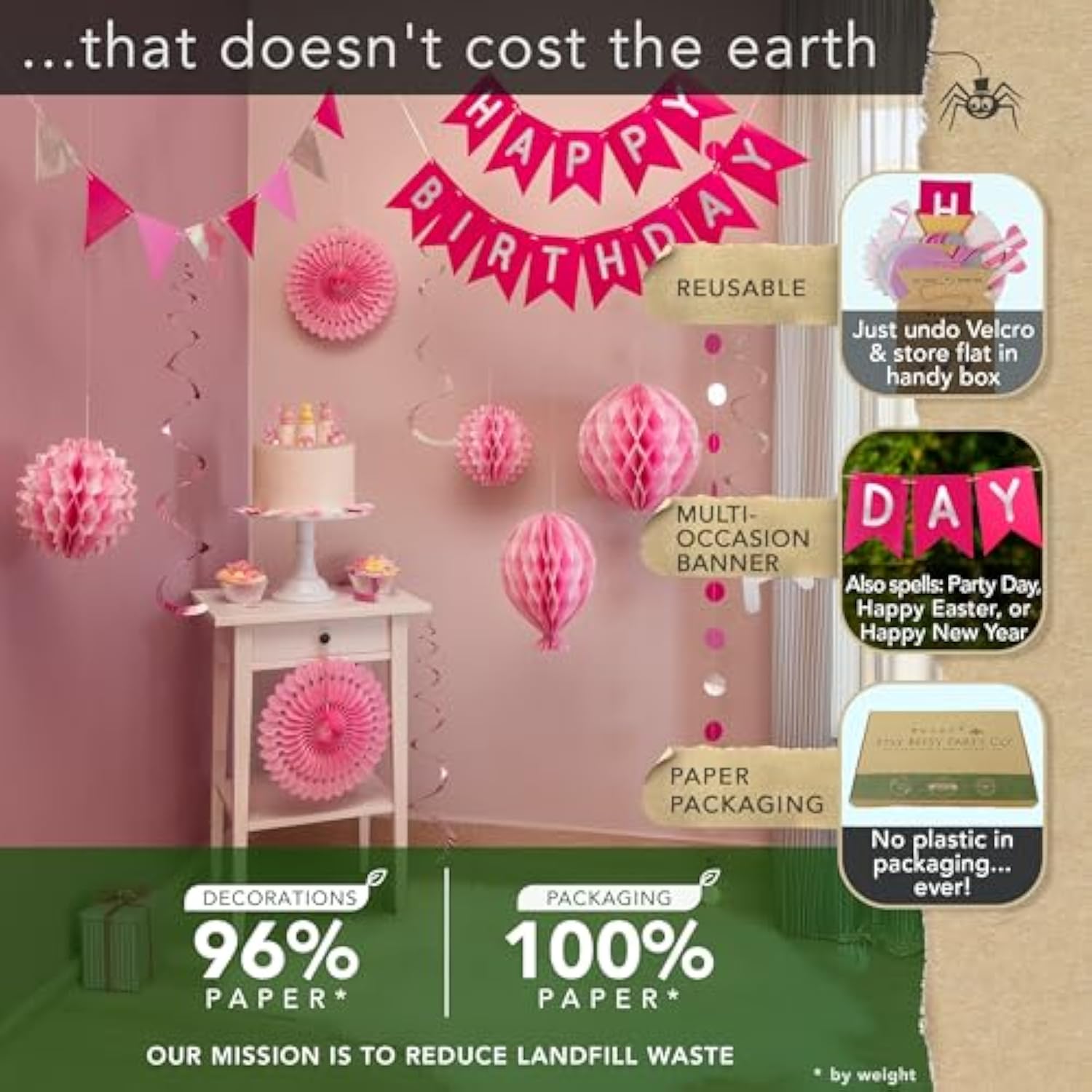 Premium Reusable Pink Birthday Decorations with Banner & Paper Fans for Women