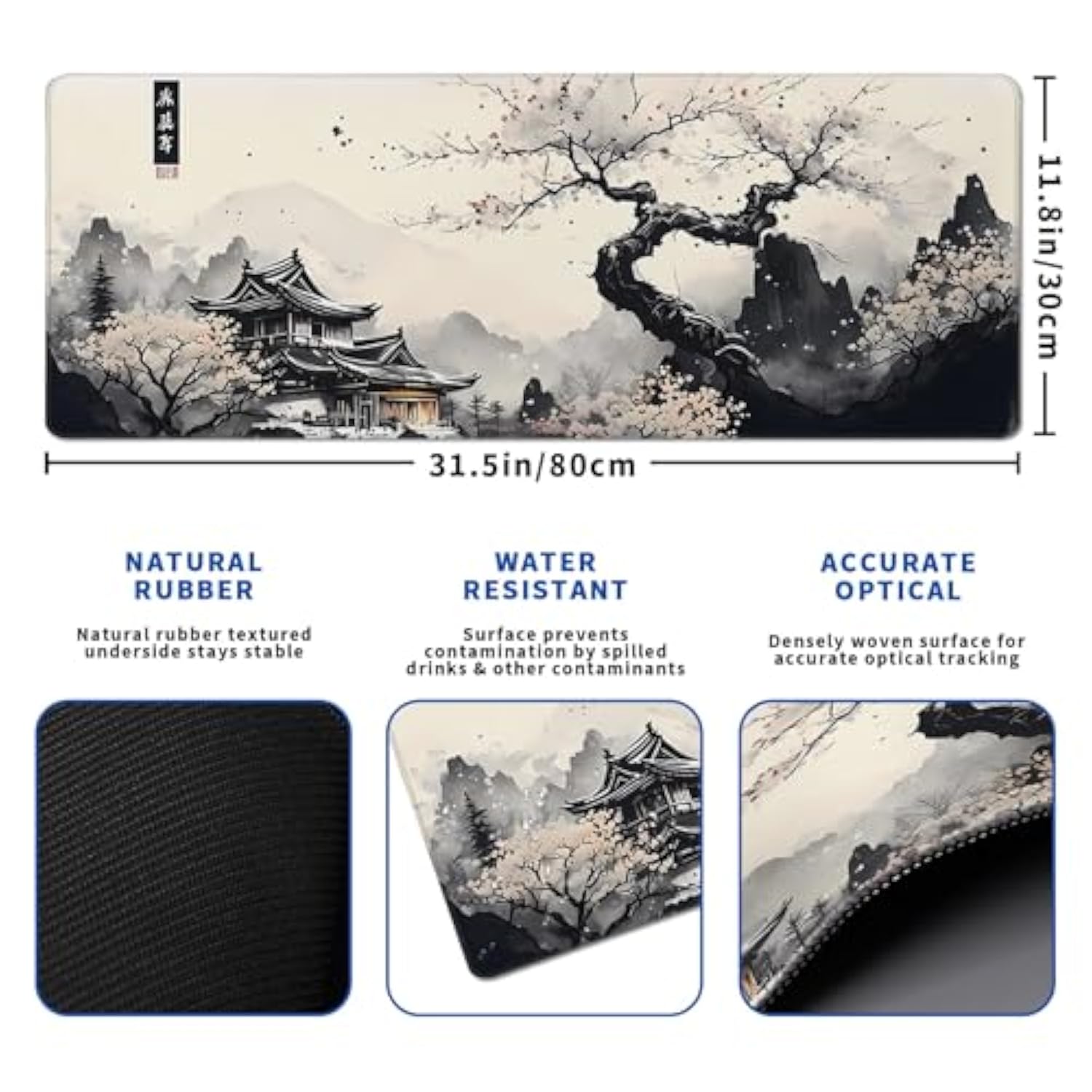 Japanese Mouse Pad, Large Japanese Desk Mat, Xl Anime Gaming Keyboard Mat, Non-Slip Rubber Base, Big Extended Desk Protector For Office And Home, 31.5”X11.8”