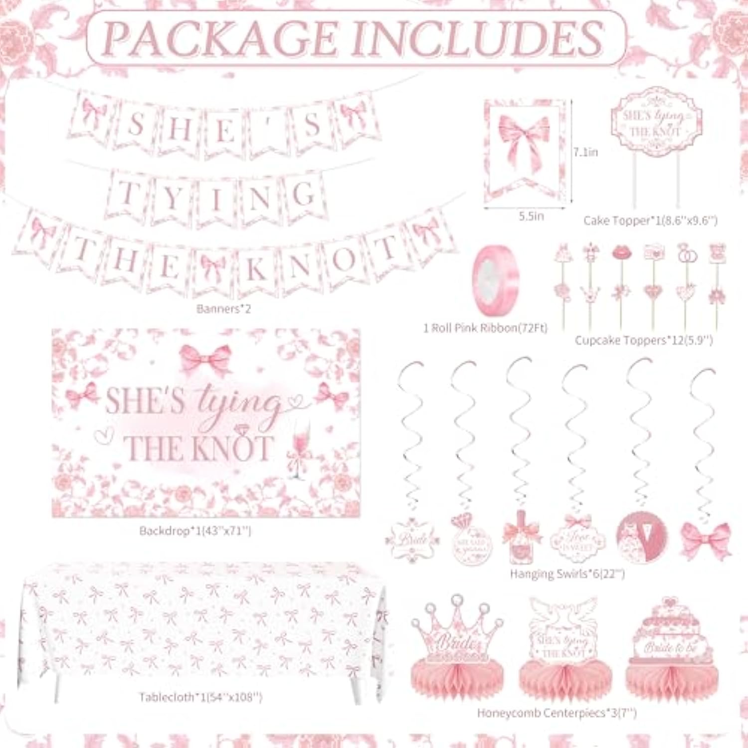 She'S Tying The Knot Bridal Shower Party Decorations, Pink Bow Bachelorette Party Decorations, Pink Bride To Be Cake Topper Backdrop Banner Balloons Baby Boxes For Wedding Shower Party Supplies
