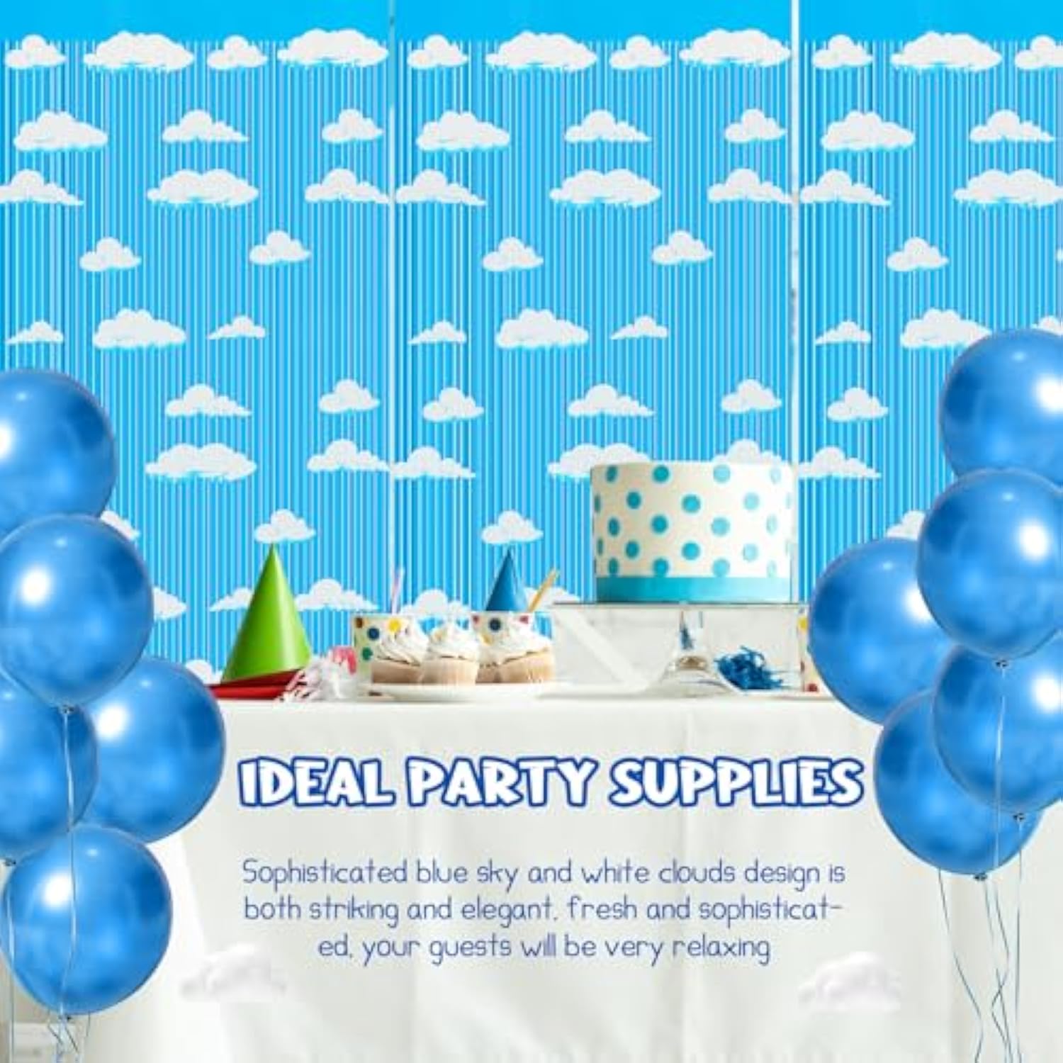 Blue Sky White Clouds Birthday Party Tinsel Fringe Curtains 3-Pack