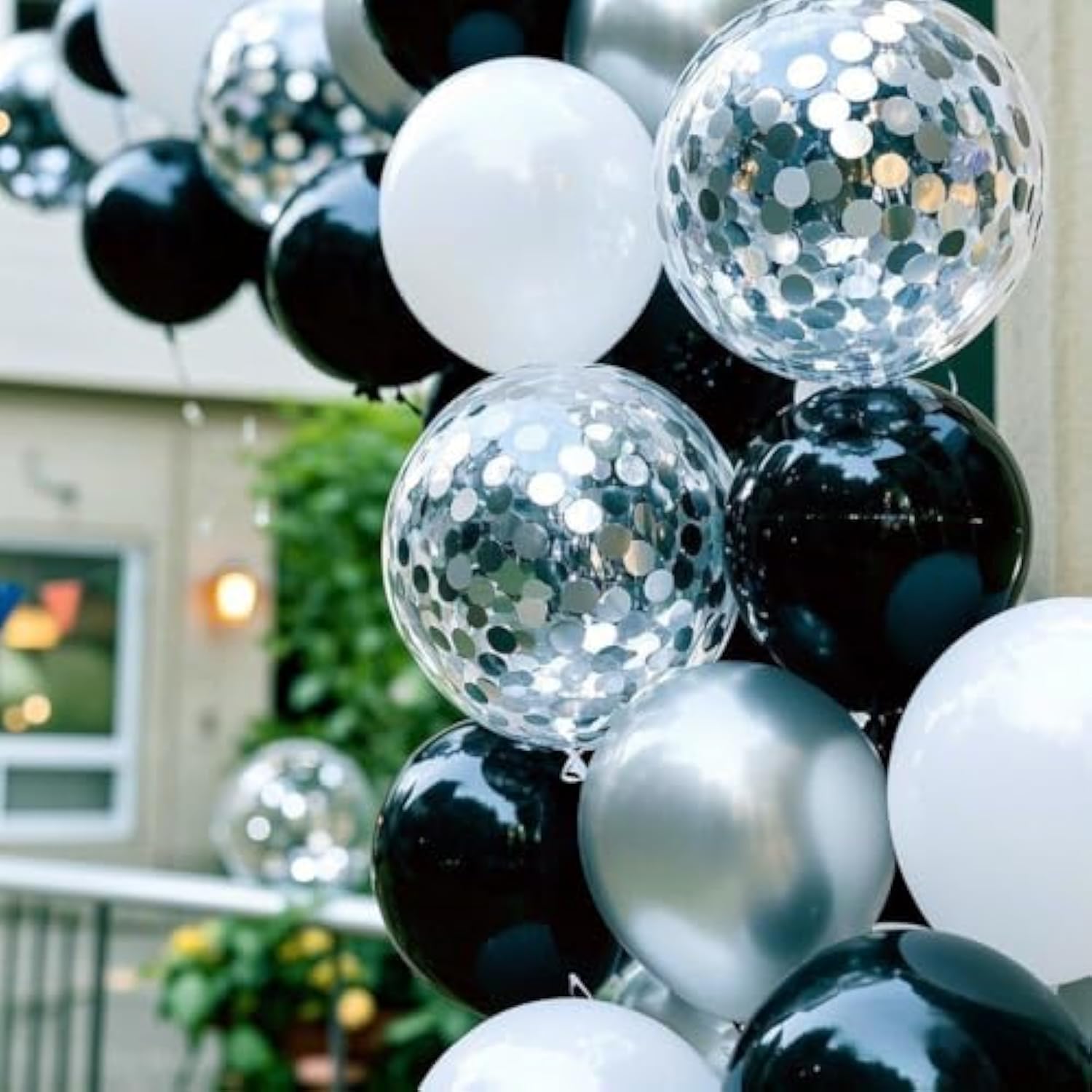 100Pc 12" Black, Metallic Silver, & Glitter Confetti Balloons Set Party Decor