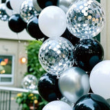 100Pc 12" Black, Metallic Silver, & Glitter Confetti Balloons Set Party Decor