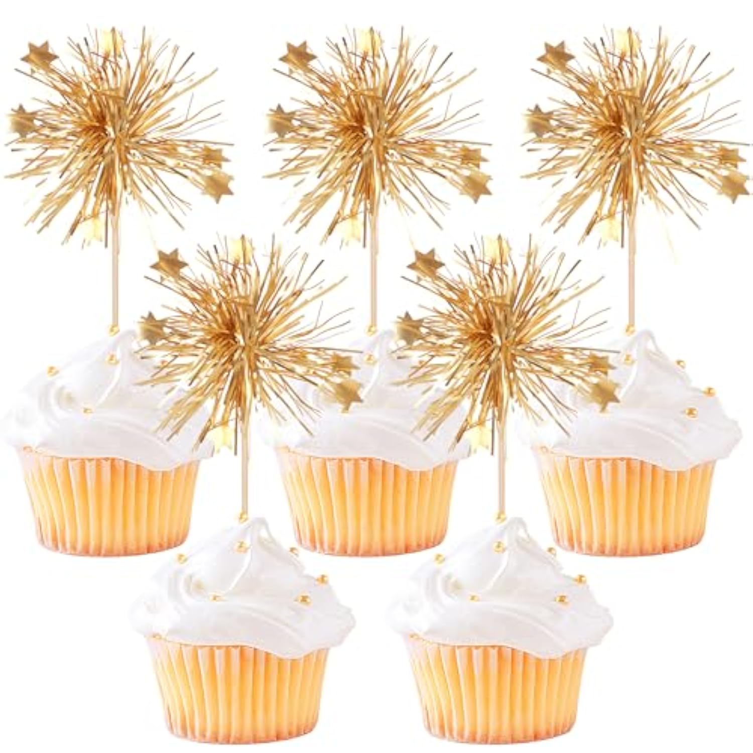 30pcs Foil Firework Cupcake Toppers Gold Sparkle Star Picks for Parties