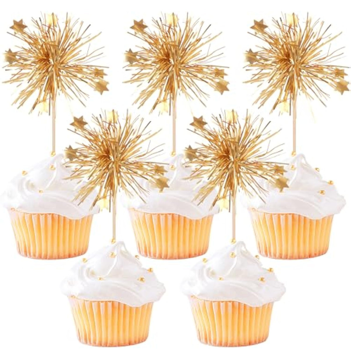 30pcs Foil Firework Cupcake Toppers Gold Sparkle Star Picks for Parties