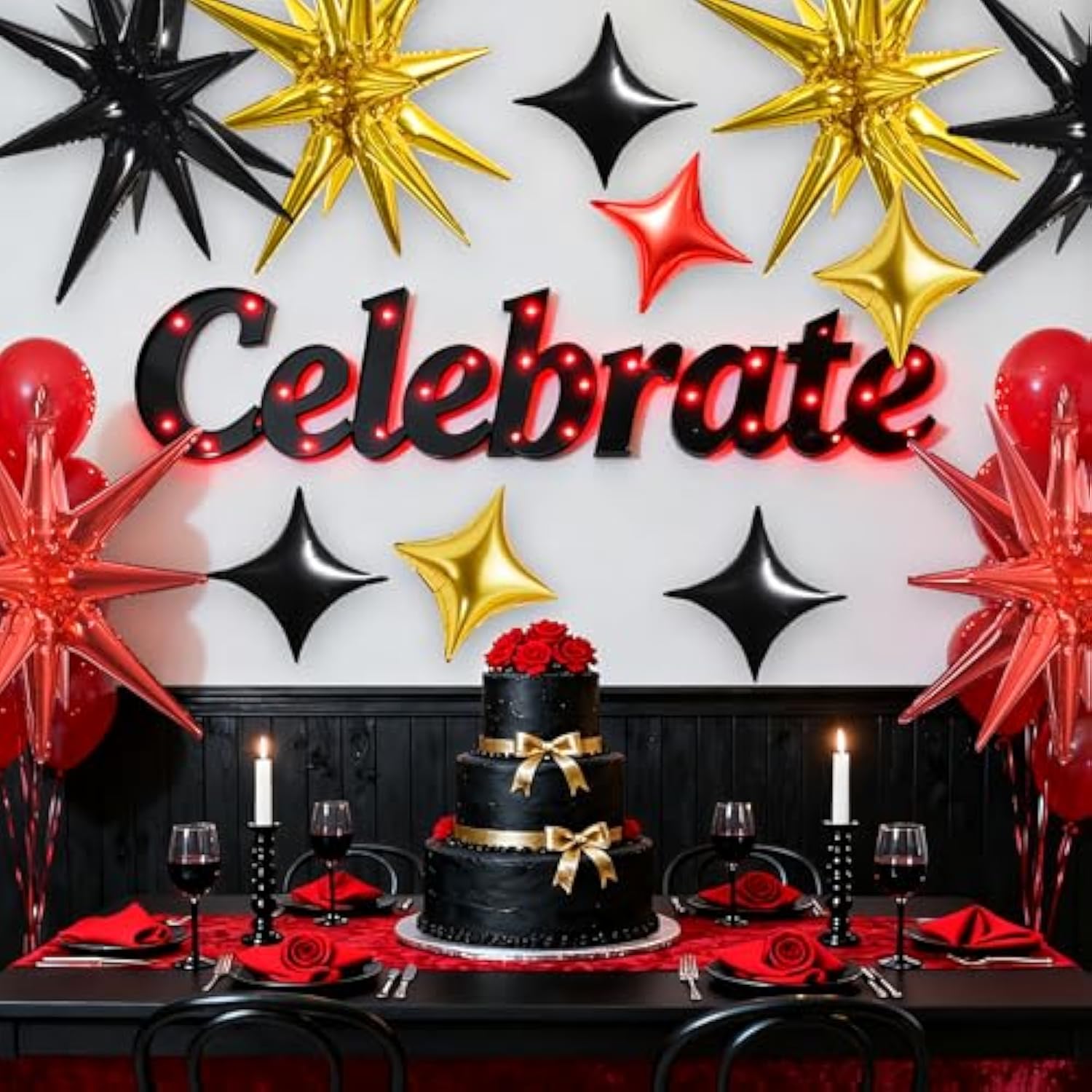 22 Inch Black Gold Red Star Mylar Balloons Set with 10 Inch Stars for Party