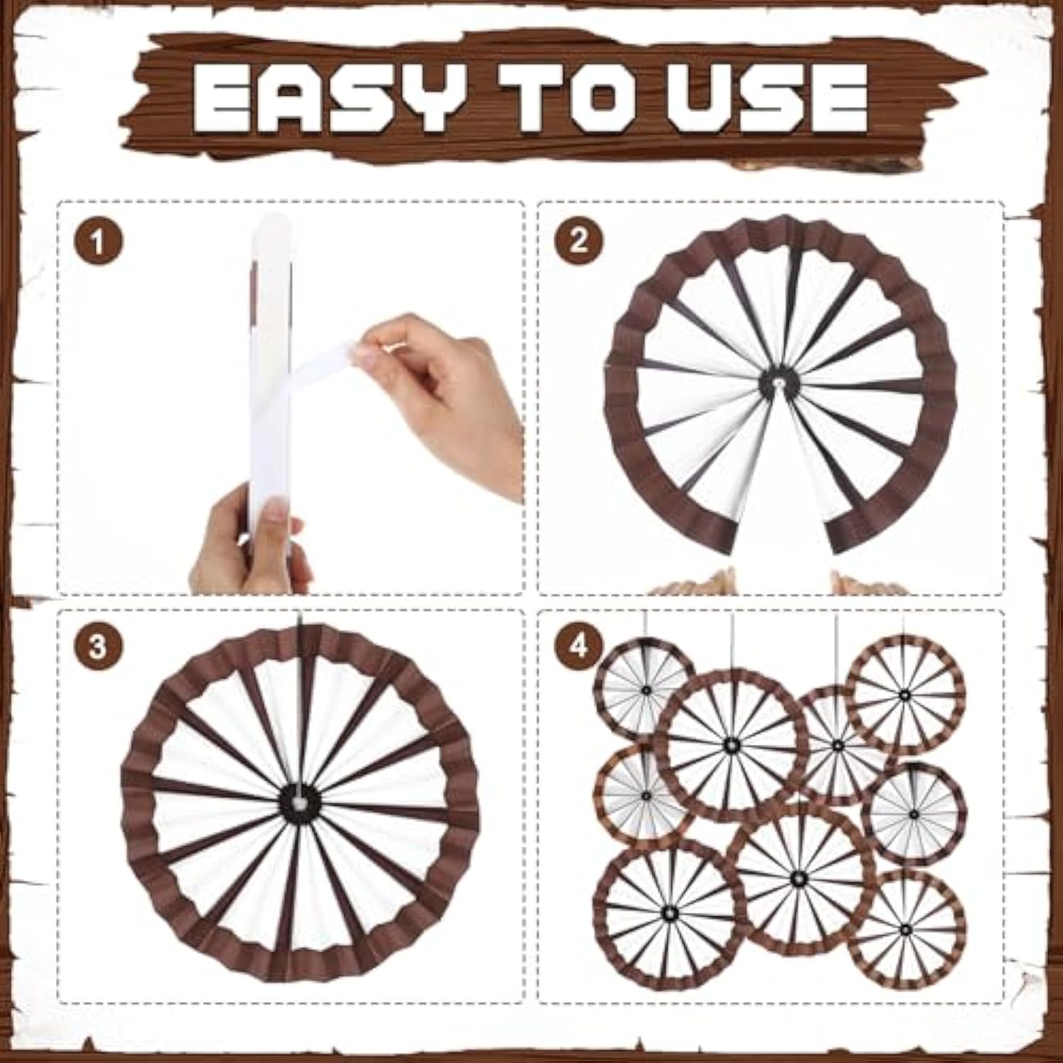 9 Pcs Western Cowboy Party Decorations Paper Fans Wagon Wheels Straw Hay Bales Hanging Ceiling Wall Decor For Country Western Themed Rodeo Farm Birthday Party Supplies (Wagon Wheels)