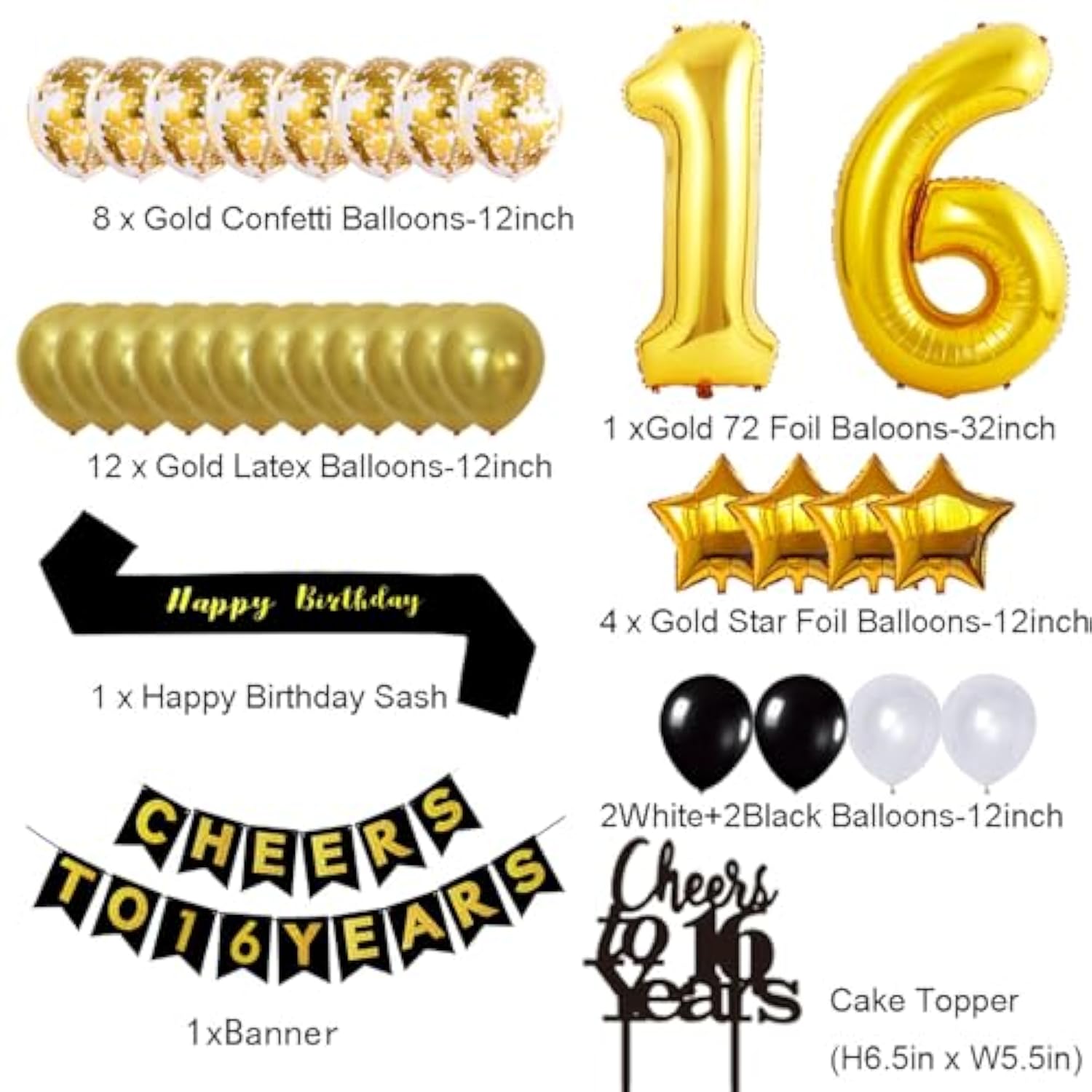 Gold 16Th Birthday Decorations Kit, Cheers To 16 Years Banner Balloons