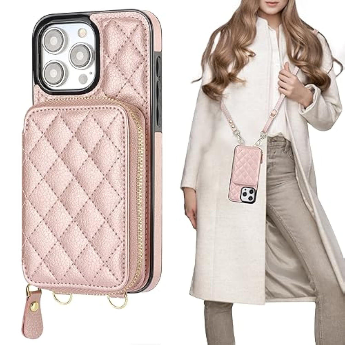Crossbody Wallet Case For Iphone 15 Pro Max, Rfid Blocking Pu Leather Zipper Handbag Purse Flip Cover, Kickstand Folio Case With Card Slots Holder Wrist Strap Lanyard 5G 6.7 Inch (Rose Gold)