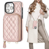 Crossbody Wallet Case For Iphone 15 Pro Max, Rfid Blocking Pu Leather Zipper Handbag Purse Flip Cover, Kickstand Folio Case With Card Slots Holder Wrist Strap Lanyard 5G 6.7 Inch (Rose Gold)