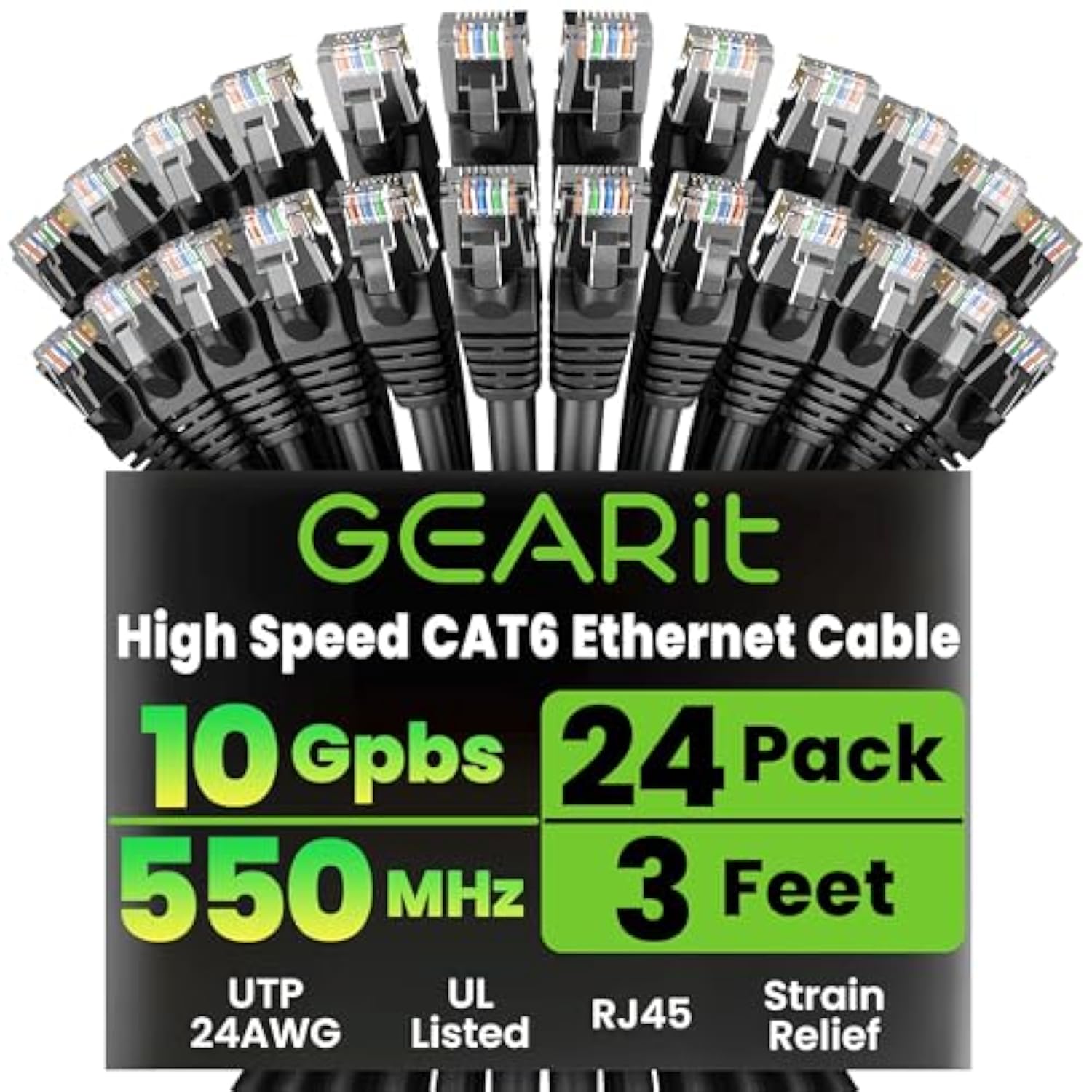 GEARit Cat 6 Ethernet Cable Pack - 24-Pack 3 ft Cat6 Ethernet Patch Cables | RJ45 Network Patch Cable, 10 Gbps Snagless Gold-Plated Connectors - Ethernet Cable Cat 6 for PC, TV, Router - Black