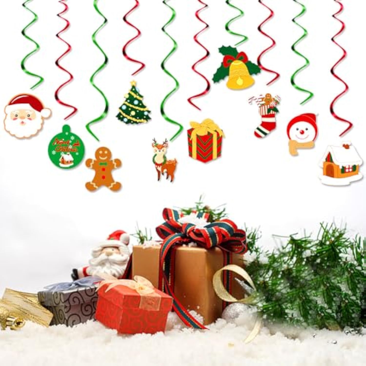Merry-Christmas Ceiling Hanging Foil-Swirl Decorations - 20Pcs Red Green Tree Socks Snowman Santa Claus Elk Gifts Streamers Garland, Fireplace Window Room Indoor Holiday Party Supplies