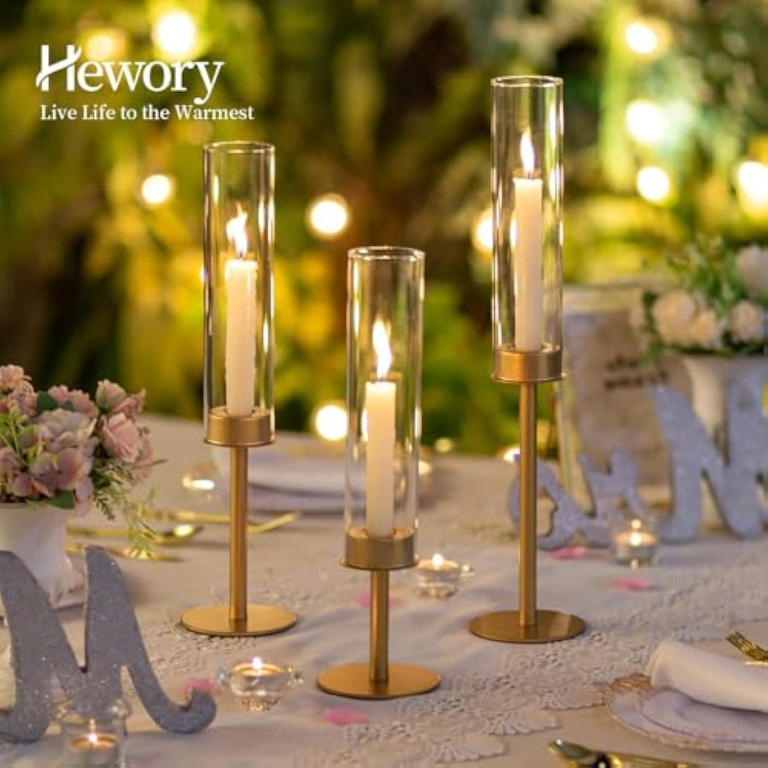 Gold Candle Holders Hurricane Candlestick Holders, 3Pcs Brass Candle Stick Candle Holder Candelabra, Taper Candle Holders With Glass Candle Cover For Wedding Table Centerpiece Christmas Decor
