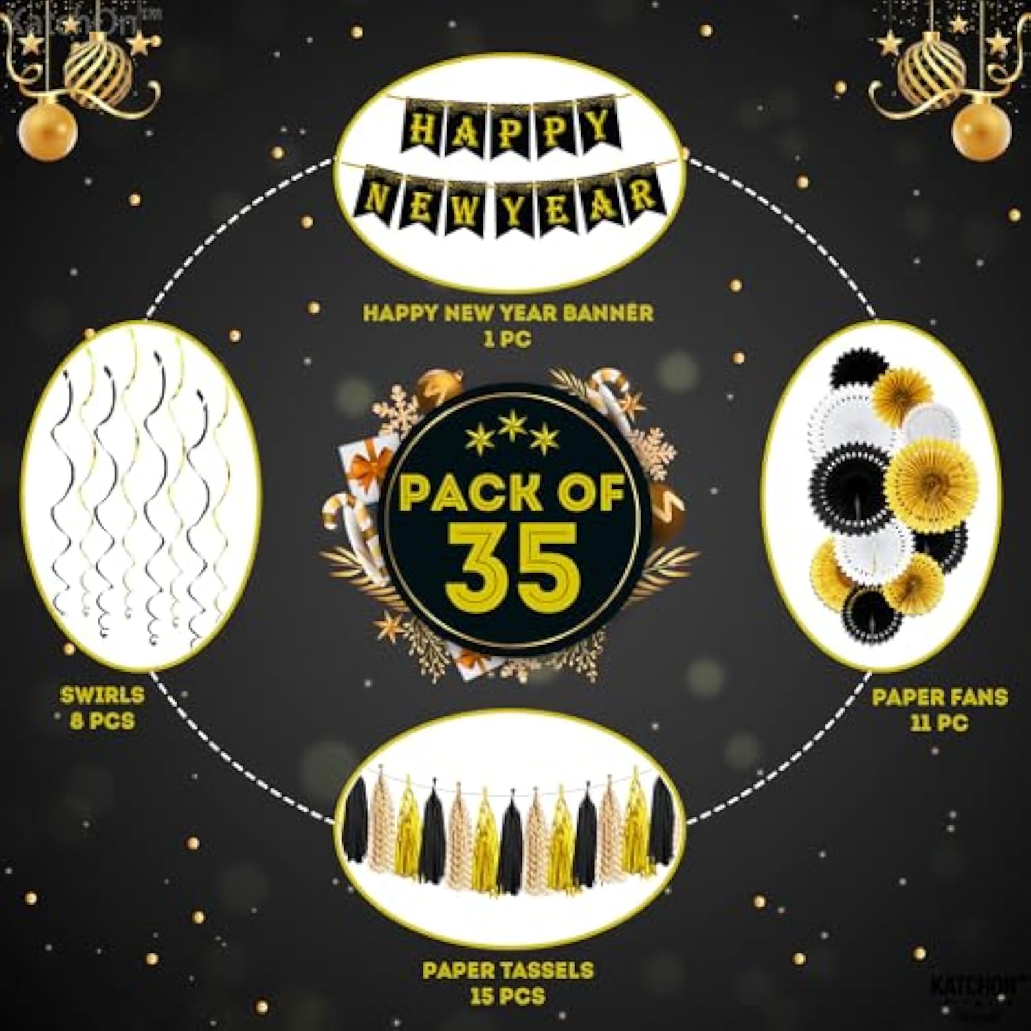 35 Pc 2026 Happy New Year Party Set with 10 Ft Banner Fans Swirls and Tassels