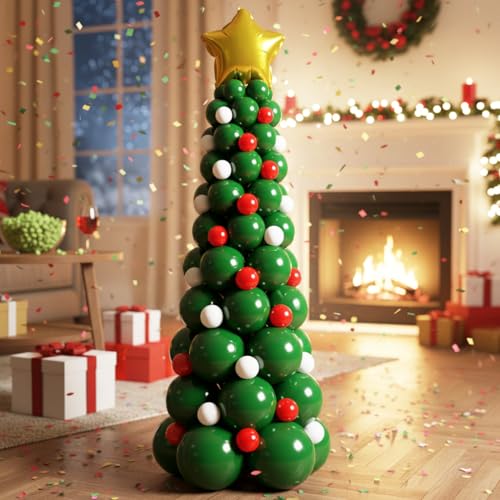 139Pcs Christmas Tree Balloon Arch Garland Kit with Dark Green Red White Gold Star Balloons for Xmas Birthday Supplies, Christmas Party Decoration, Holiday Balloon Garland