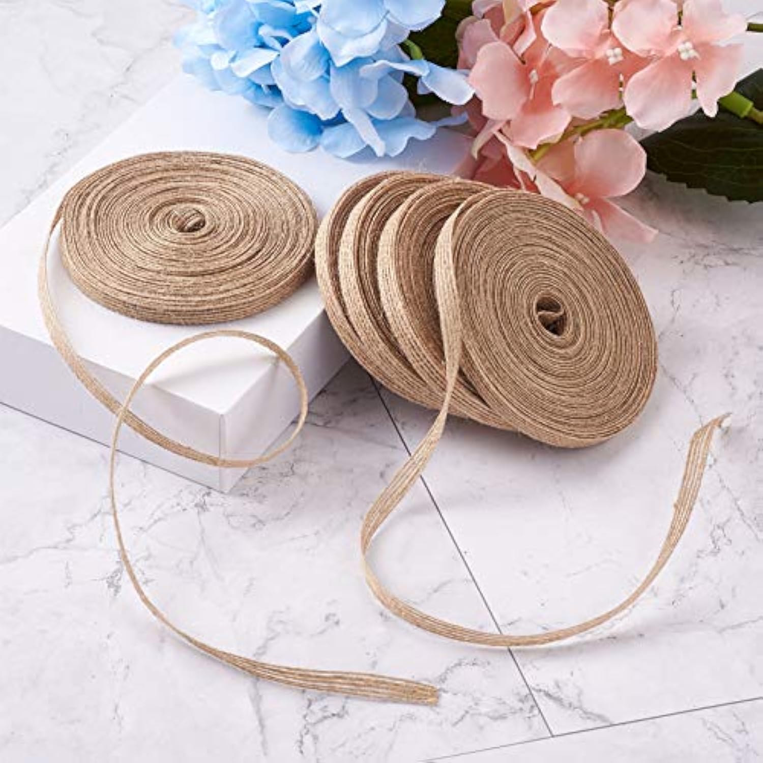Pandahall 5 Rolls Natural Burlap Fabric Ribbon 1/4 Inches Tan Jute Lin
