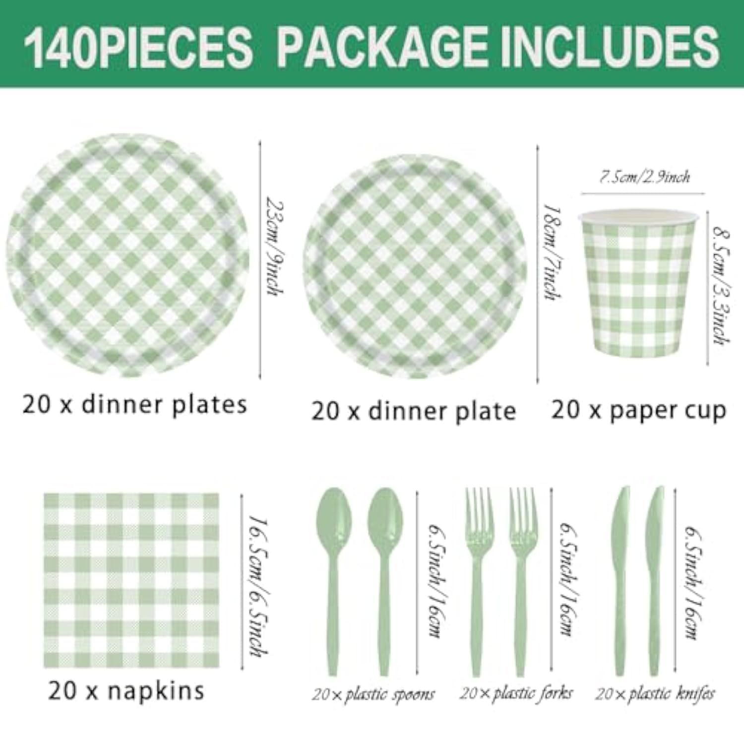 140Pcs Gingham Party Supplies For 20 Guests Thick Paper Plates And Napkins Knives Spoons Forks Cups Disposable Party Set Cutlery For Dinner Baby Shower Wedding Favor (Green)