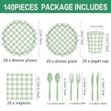 140Pcs Gingham Party Supplies For 20 Guests Thick Paper Plates And Napkins Knives Spoons Forks Cups Disposable Party Set Cutlery For Dinner Baby Shower Wedding Favor (Green)
