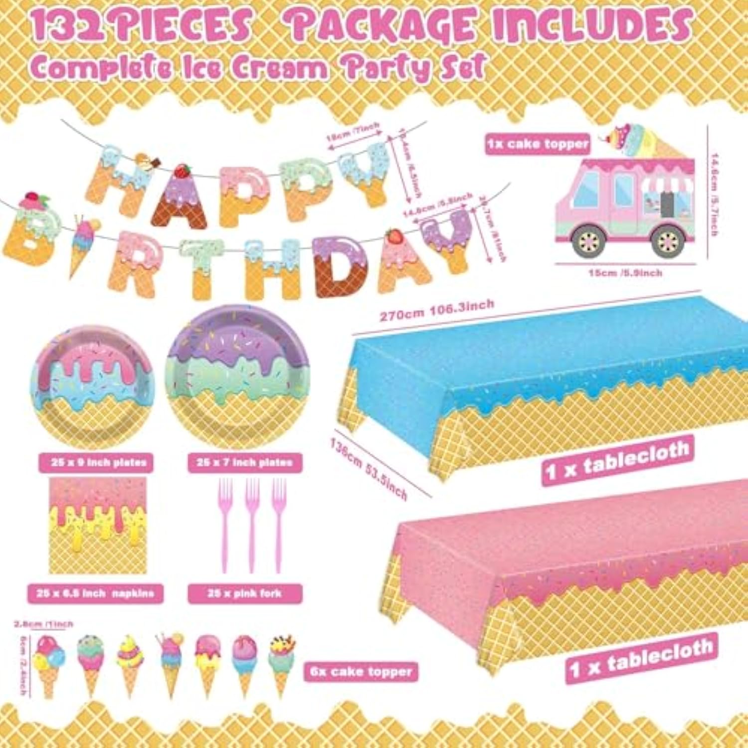 132Pcs Ice Cream Party Decorations Set Ice Cream Party Supplies Tableware Kit Paper Plates, Napkins, Tablecloth,Banner For Kids Girls For Party , Birthday, Baby Shower Serve 25