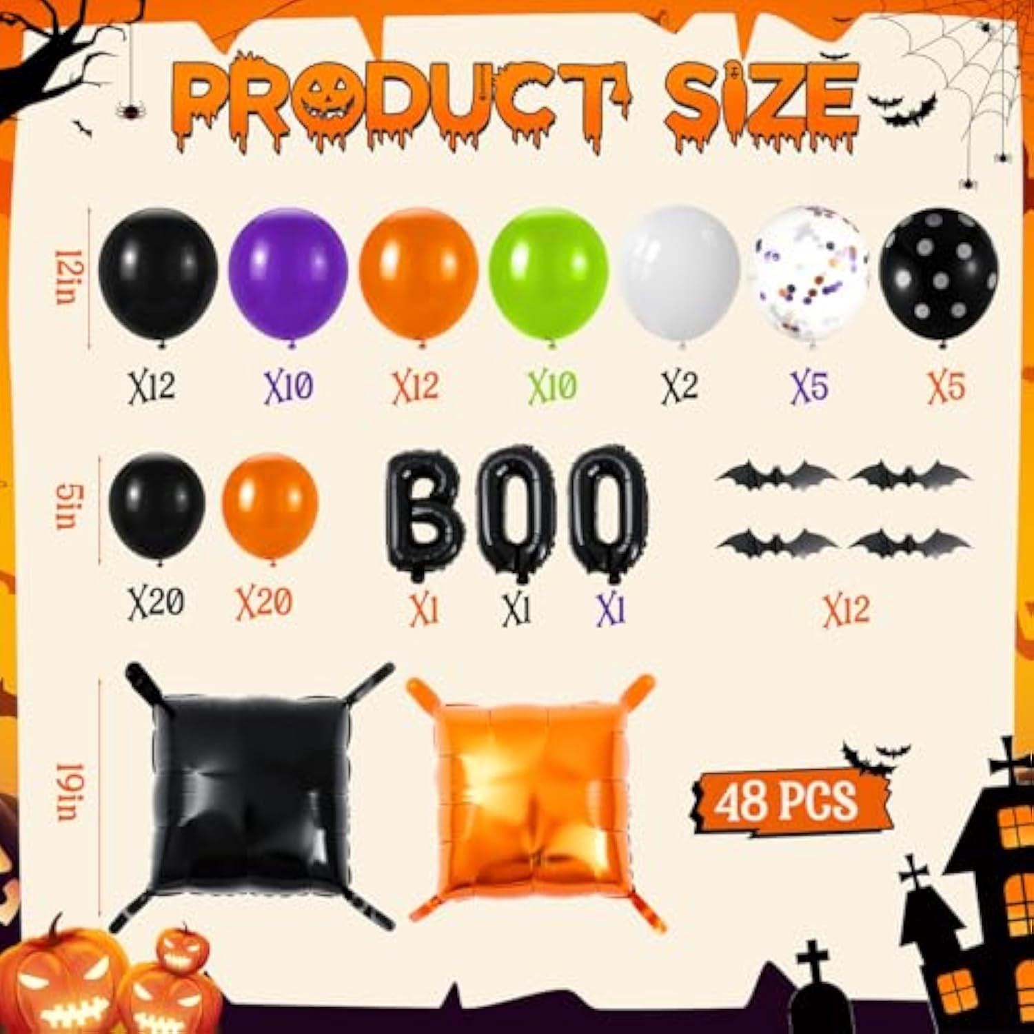 143Pc Halloween Balloon Arch Kit – Black & Orange Foil Wall Backdrop with Bats