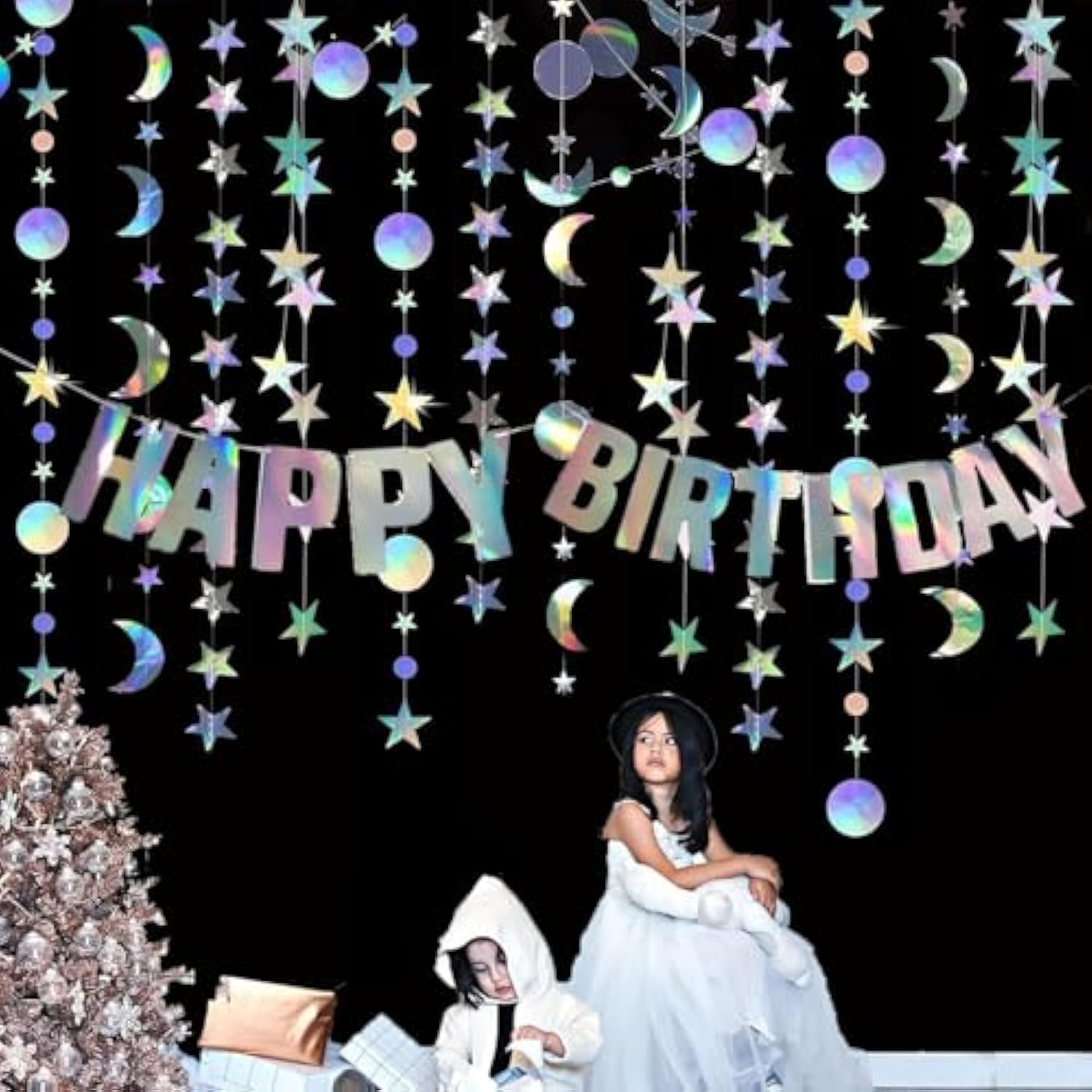 Star Moon Circle Dot Garland Party Decoration Kit, Holographic Party Decorations Hanging Stars Streamer Backdrop Crescent Garlands Happy Birthday Banner Backdrop For Baby Shower Birthday Wedding