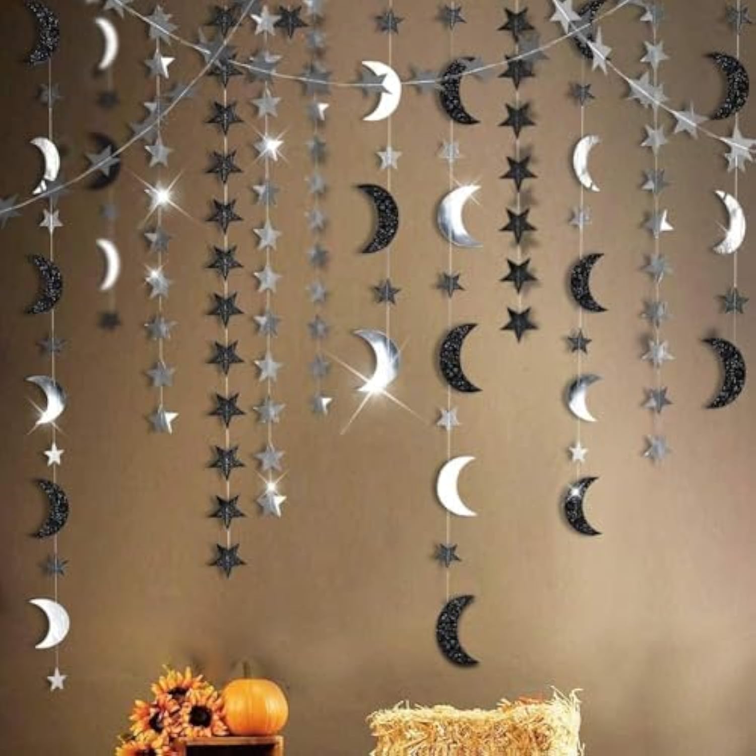 Black Silver Moon Decoration Star And Gothic Halloween Decor Garland For Twilight Birthday New Year Eve Party Grunge Star Banner Celestial Wedding Baby Shower Ramadan Eid Mubarak Summerween