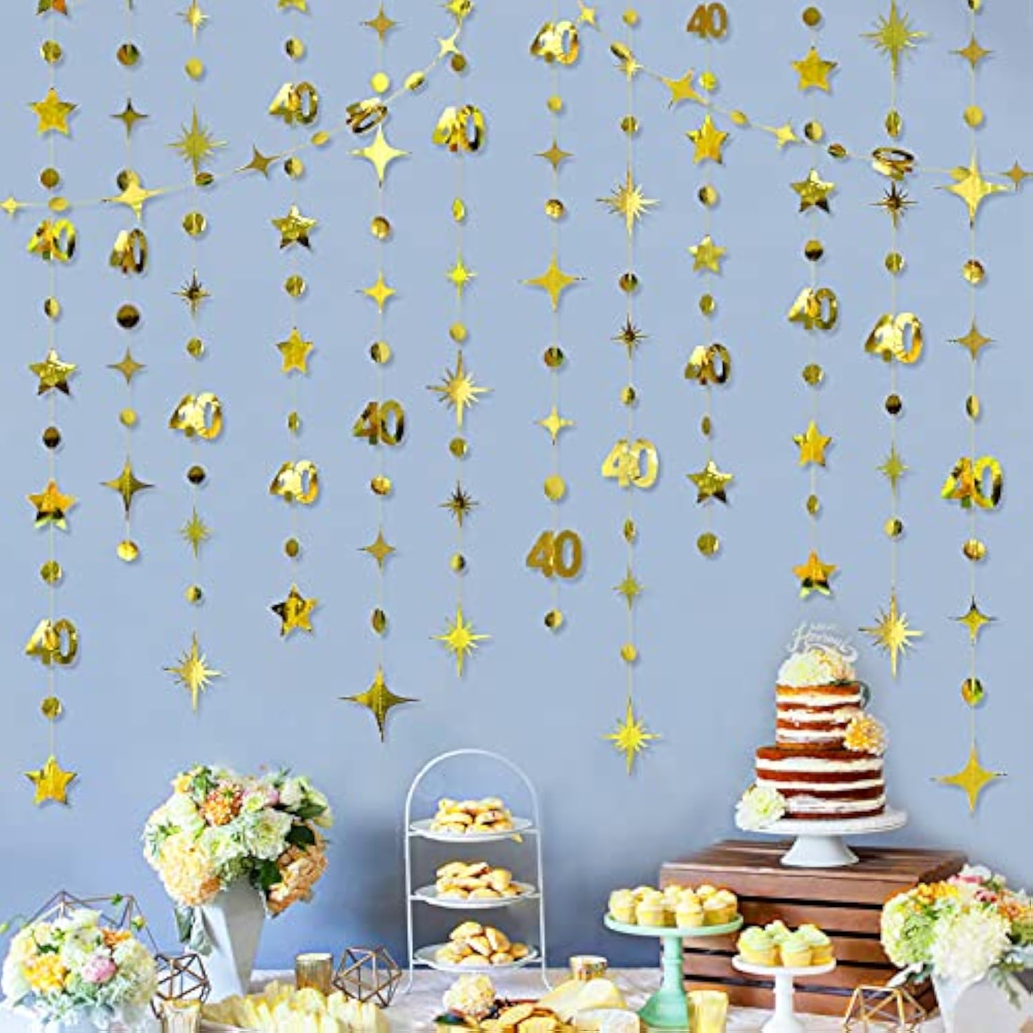 Gold 40Th Birthday Decorations Number 40 Circle Dot Twinkle Star Garland Metallic Hanging Streamer Bunting Banner Backdrop For Women Mens 40 Year Old Birthday Forty Anniversary Party Supplies