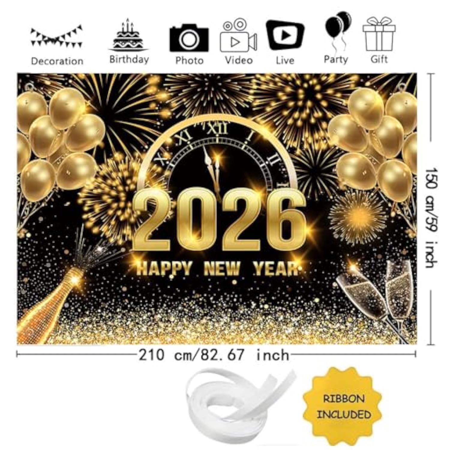 7x5ft Black Gold 2026 Happy New Year Backdrop Champagne Fireworks Banner
