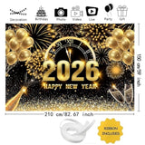 7x5ft Black Gold 2026 Happy New Year Backdrop Champagne Fireworks Banner