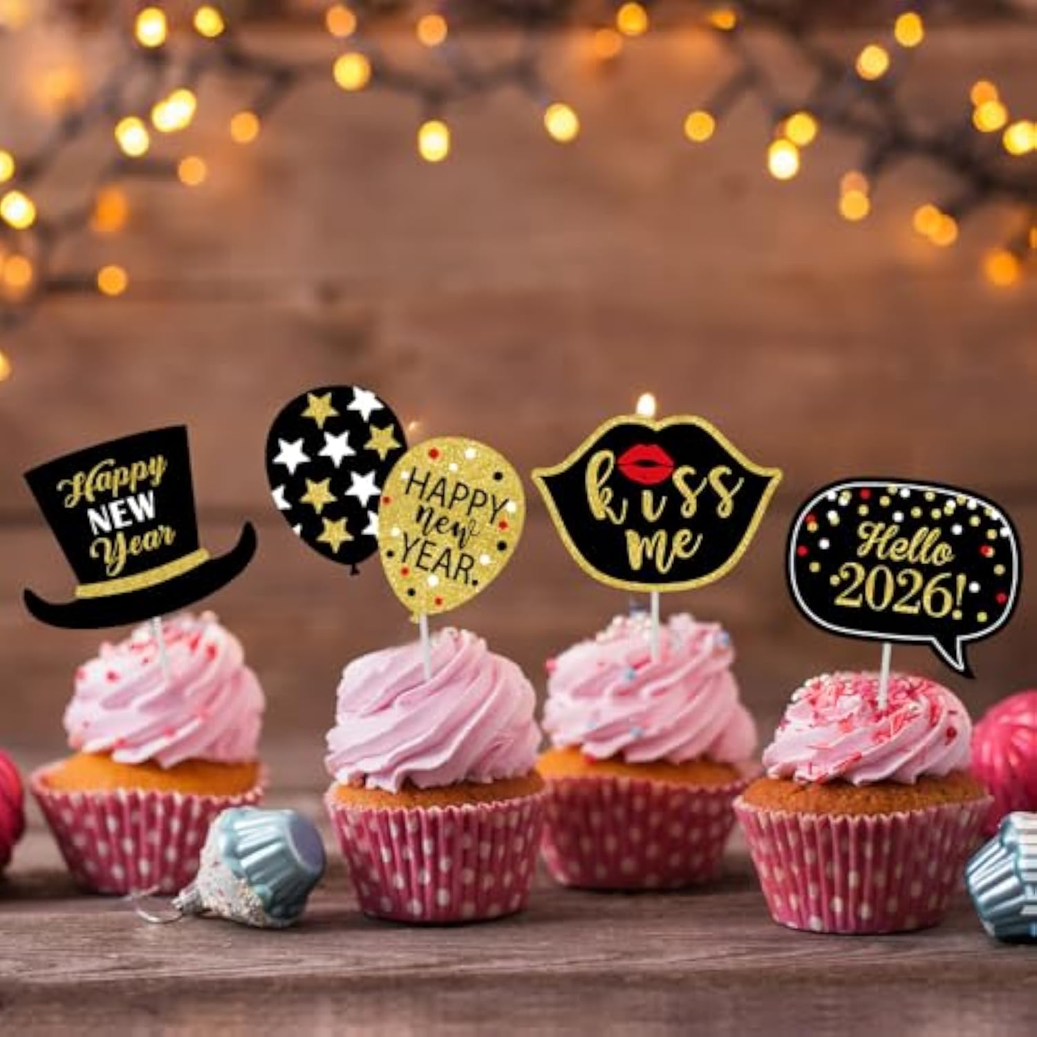 24pcs Happy New Year Cupcake Toppers Black Gold 12 Patterns for 2026 Party