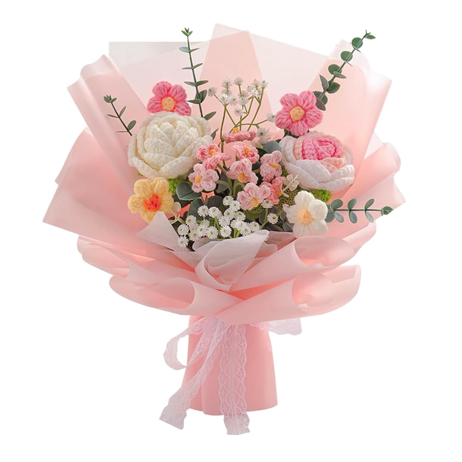 Handmade Crochet Rose Flower Bouquet: Artificial Knitted Rose Gift For Wife Mother Girlfriend For Festival Wedding Graduation Anniversary (Pink)