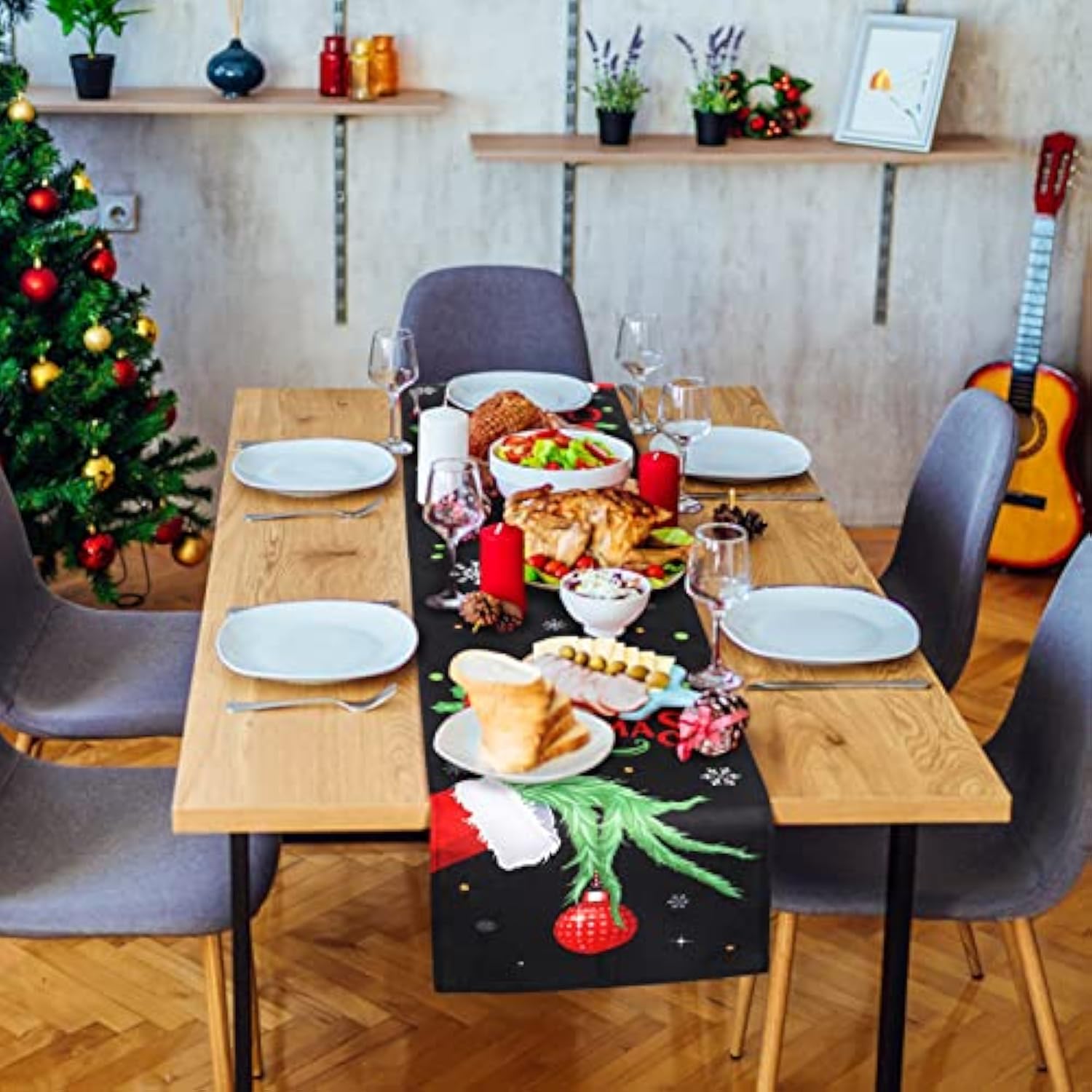 Christmas Table Runner Black 14 X 72 Inch Rustic Holiday Farmhouse Merry Christmas Theme Elf Table Cloth For Xmas Party Dining Table Decorations