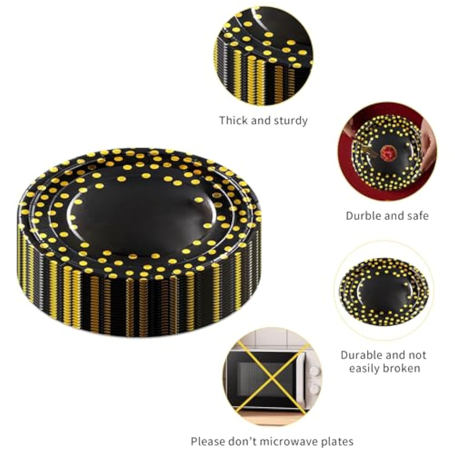 60-Pack Black And Gold Party Plates, Dessert And Dinner Paper Plates, Golden Dots Paper Plates, Perfect For Birthdays, Weddings, Anniversaries, And Graduation Party Tableware (9-Inch)