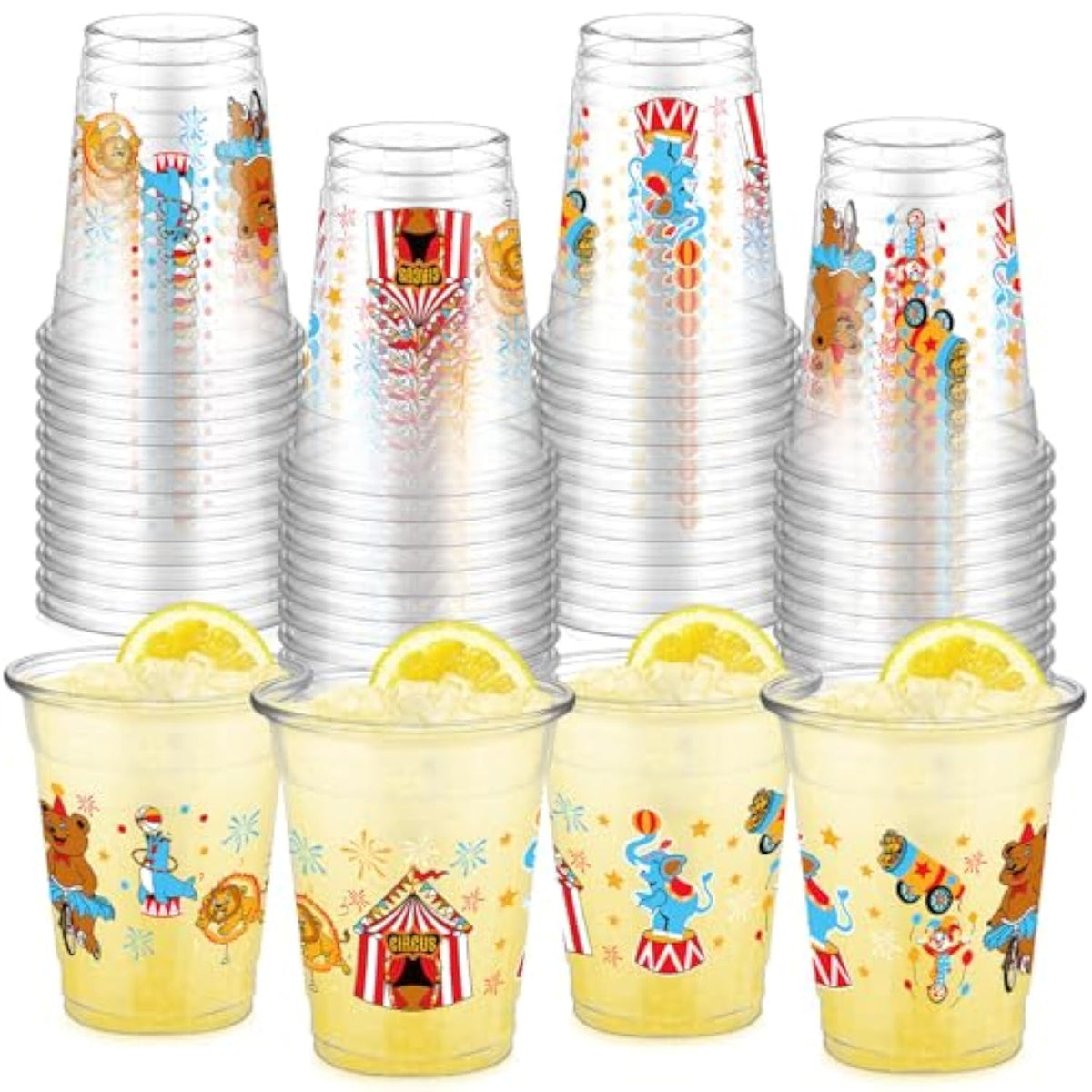 50 Pcs Circus Cups 12 Oz Plastic Circus Birthday Cups Clear Circus Disposable Cups Circus Theme Drinking Cups For Home Party Circus Theme Birthday Baby Shower Supplies Decoration (Circus)