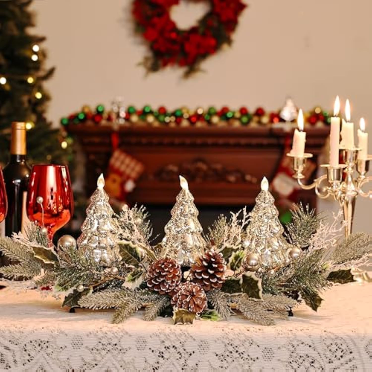 Christmas Table Centerpiece With Led Lights, Christmas Decoration With 3Pcs Silver Christmas Tree, Natural Pine Cones, Christmas Balls For Holiday Party, Home, Fireplace