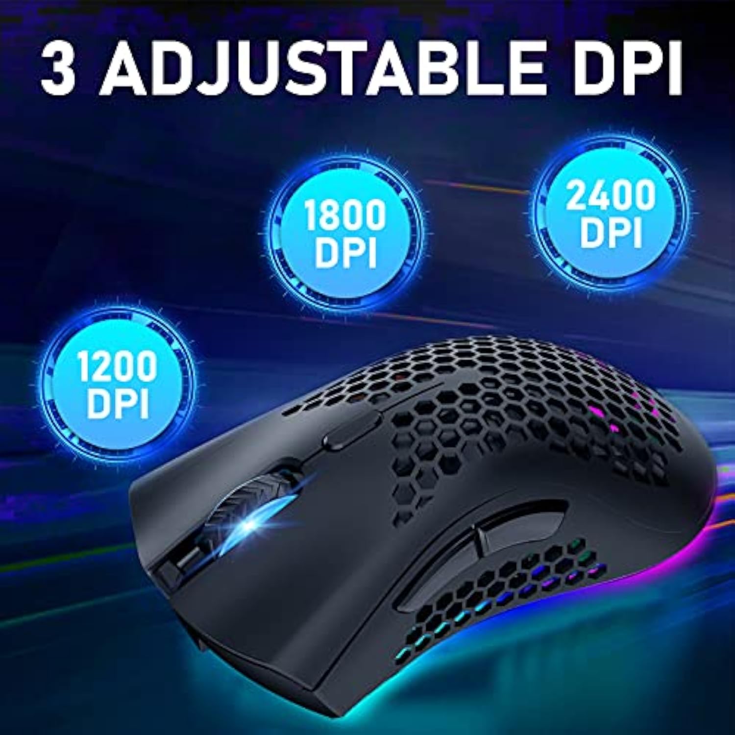 Wireless Lightweight Gaming Mouse Honeycomb with 7 Button Multi RGB Backlit Perforated Ergonomic Shell Optical Sensor Adjustable DPI Rechargeable 800 mAh Battery USB Receiver for PC Mac Gamer(Black)