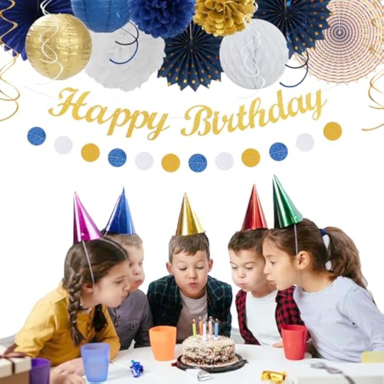 Navy Blue & Gold Birthday Decoration Set: Banner, Pom Poms, Lanterns - 21 Piece