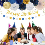 Navy Blue & Gold Birthday Decoration Set: Banner, Pom Poms, Lanterns - 21 Piece