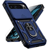 Google Pixel 9 Pro Case with Slide Camera Cover Screen Protector, Military Grade Drop Tested, Magnetic Ring Holder Kickstand Protective Phone Case, Navy Blue
